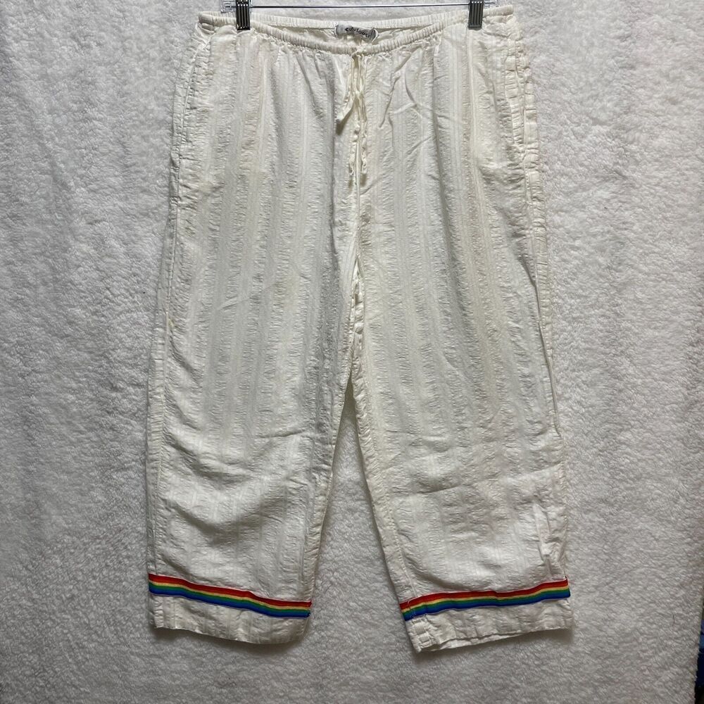 Cut Loose Women’s Linen Cotton Pants White Rainbow Trim Boho Casual Cropped